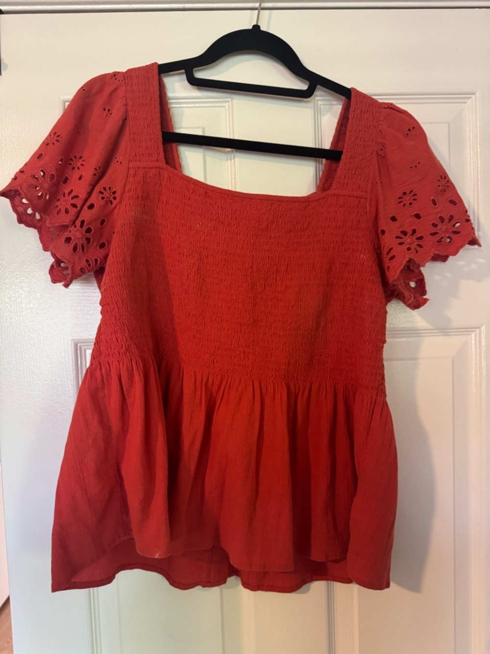 Madewell Coral Red Smocked Square-Neck Peplum Blouse